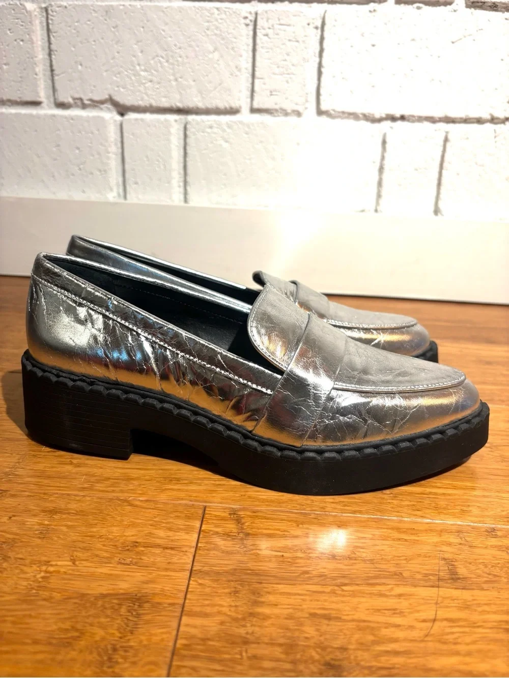 Vince Camuto Silver Crinkle Leather Chunky Sole Loafers